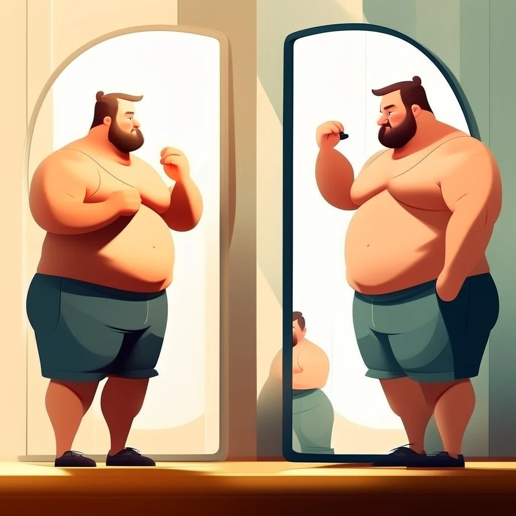 Create a picture of a fat guy standing in front of the mirror and seeing his body as thin and muscular