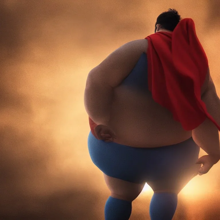 Fat Superman, realistic, midjourney, dramatic light, close up, smoky background, high detail, cinematic, vignette