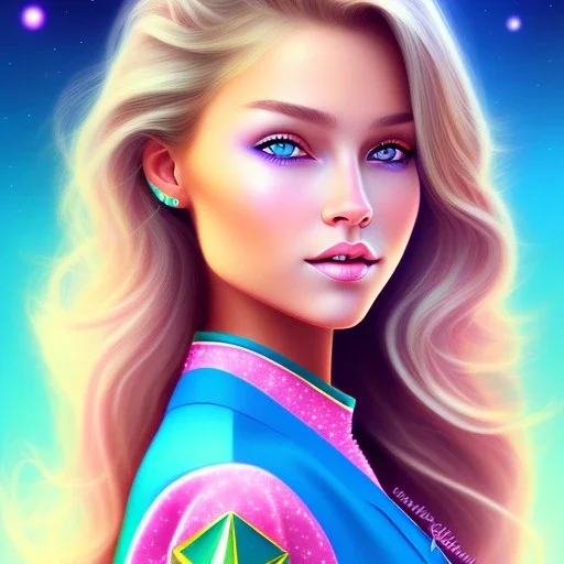  beautiful girl, smiling, longsand blonds hairs,blue eyes , realistic, pink turquoise light and stars