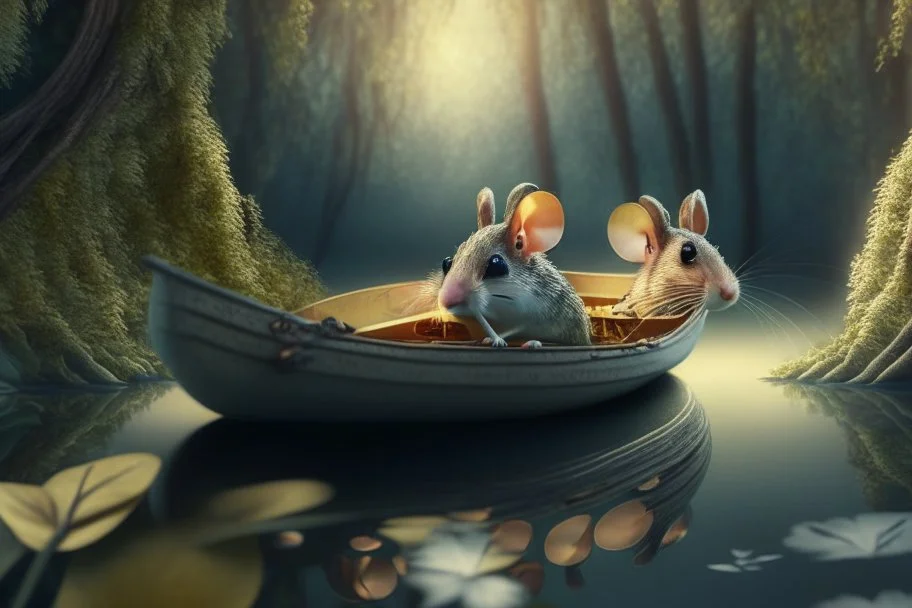 narcissus as a mouse in boat, in forest by lake, book illustration, fine detail, 4k, trending, volumetric light, depth of field