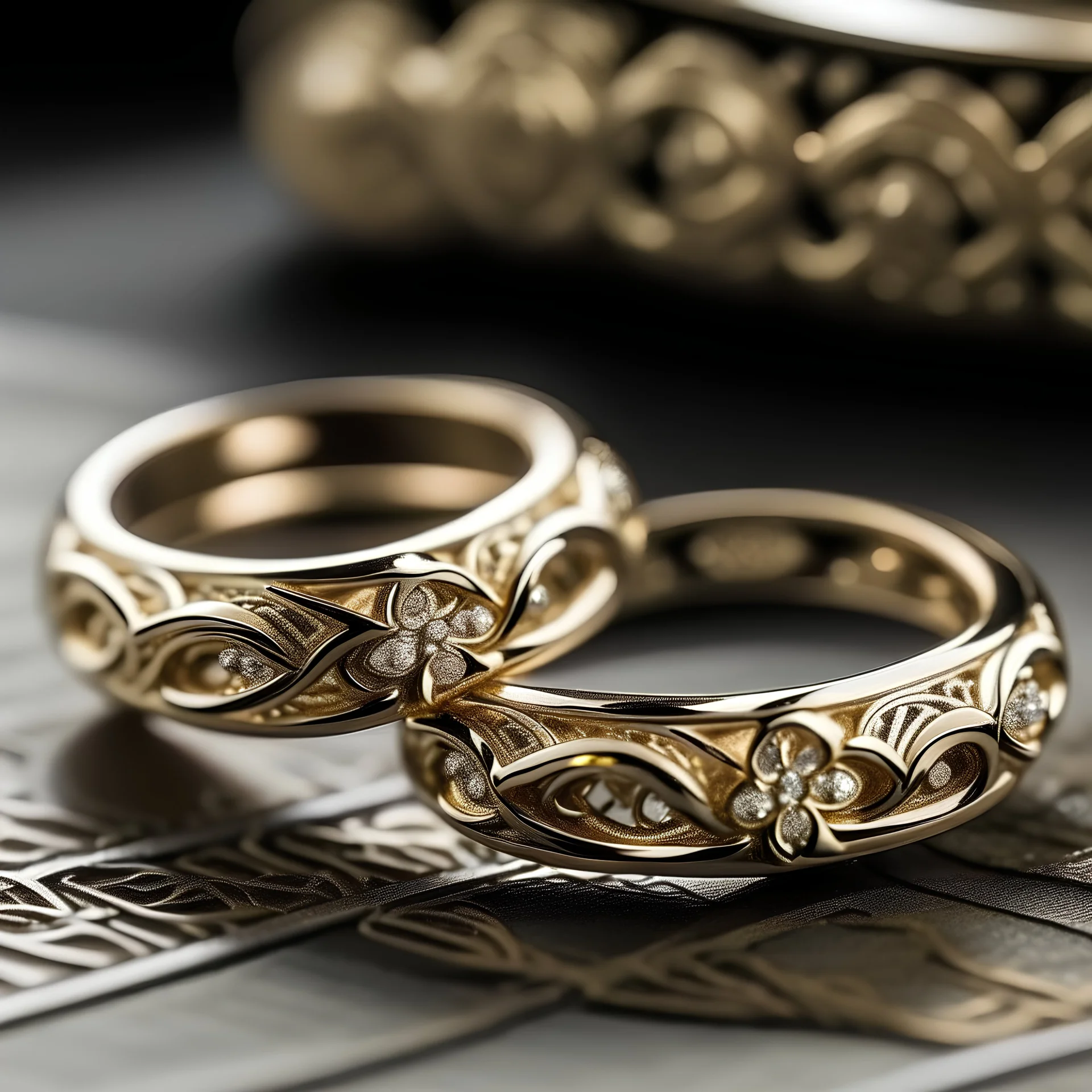 Elegant and intricate gold wedding bands with diamond accents