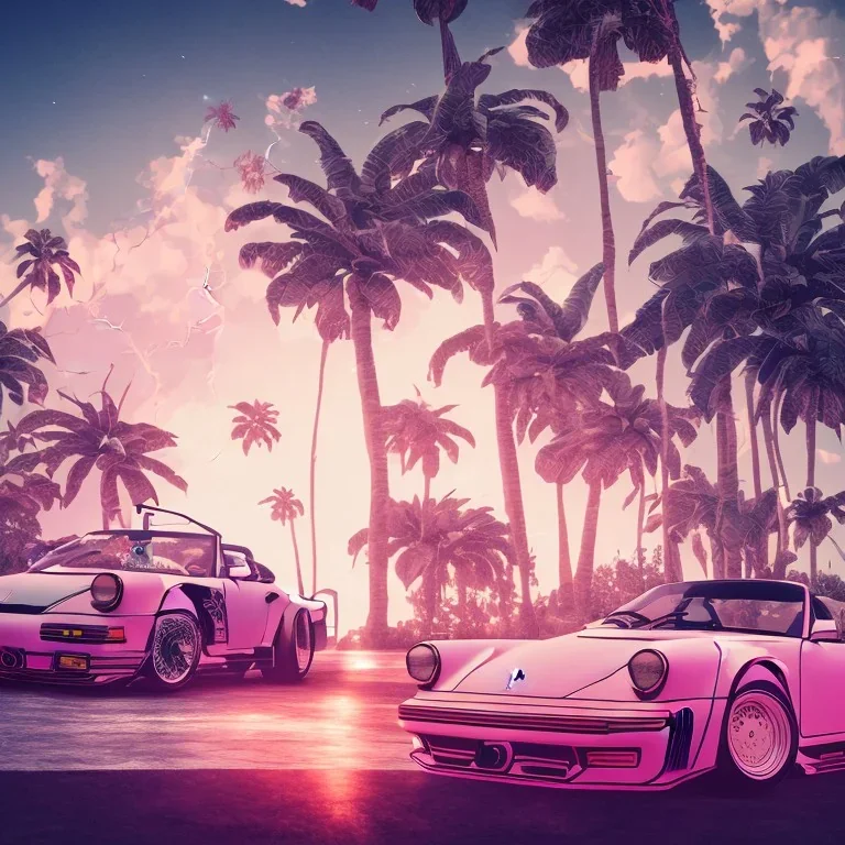 1980's aesthetic vaporwave palm trees and spheres and Porsche with lightning