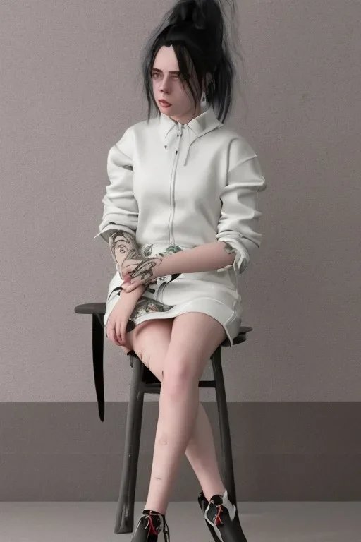 Billie Eilish, sitting on a chair, Black Short Dress, high detail, realistic