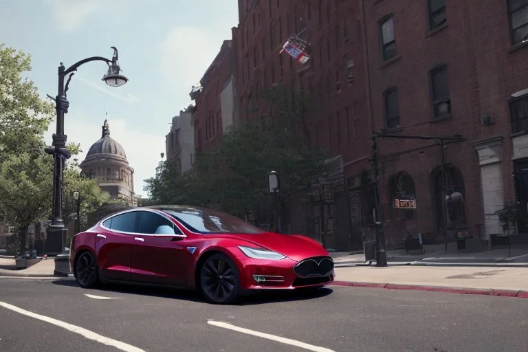 A Tesla 'Model S' is racing at top speed, in Greenwich Village, in Manhattan. CINEMATIC. WIDE ANGLE LENS. PHOTO REAL.