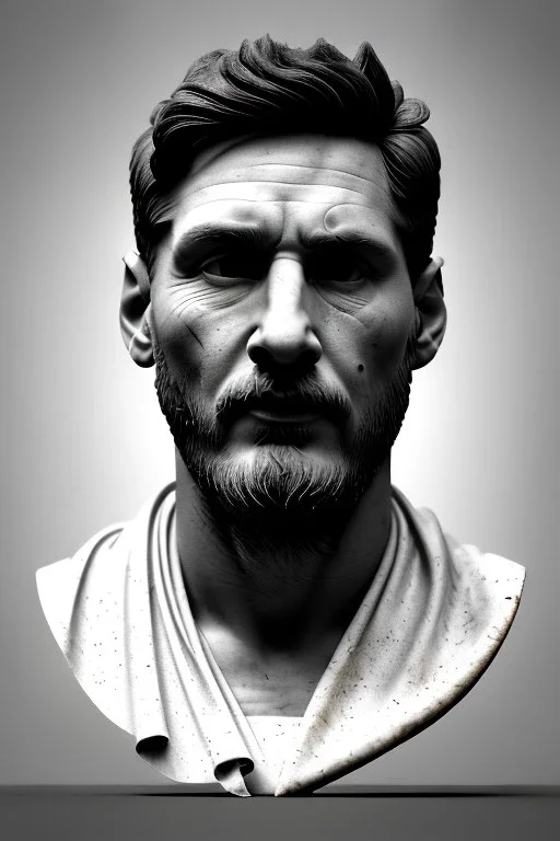 Ultra Realistic image, roman sculpture, white marble material, Lionel Messi, Laurel leaves wreath, miguel angel style, chisel style, emperador, waist up portrait, ultra hd, perfect texture, epic, celestial, cinematic lighting, God light, god rays, 4k resolution, smooth details, ornate details, soft lighting, unreal engine 5, low relief, marble background.