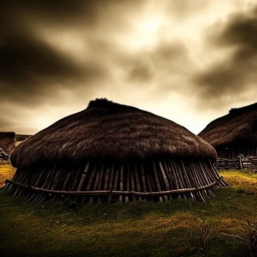 Dark ancient Viking huts village atmosphere