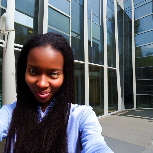 A long haired, black female software engineer taking a selfie in front of Building 92 at Microsoft in Redmond, Washington