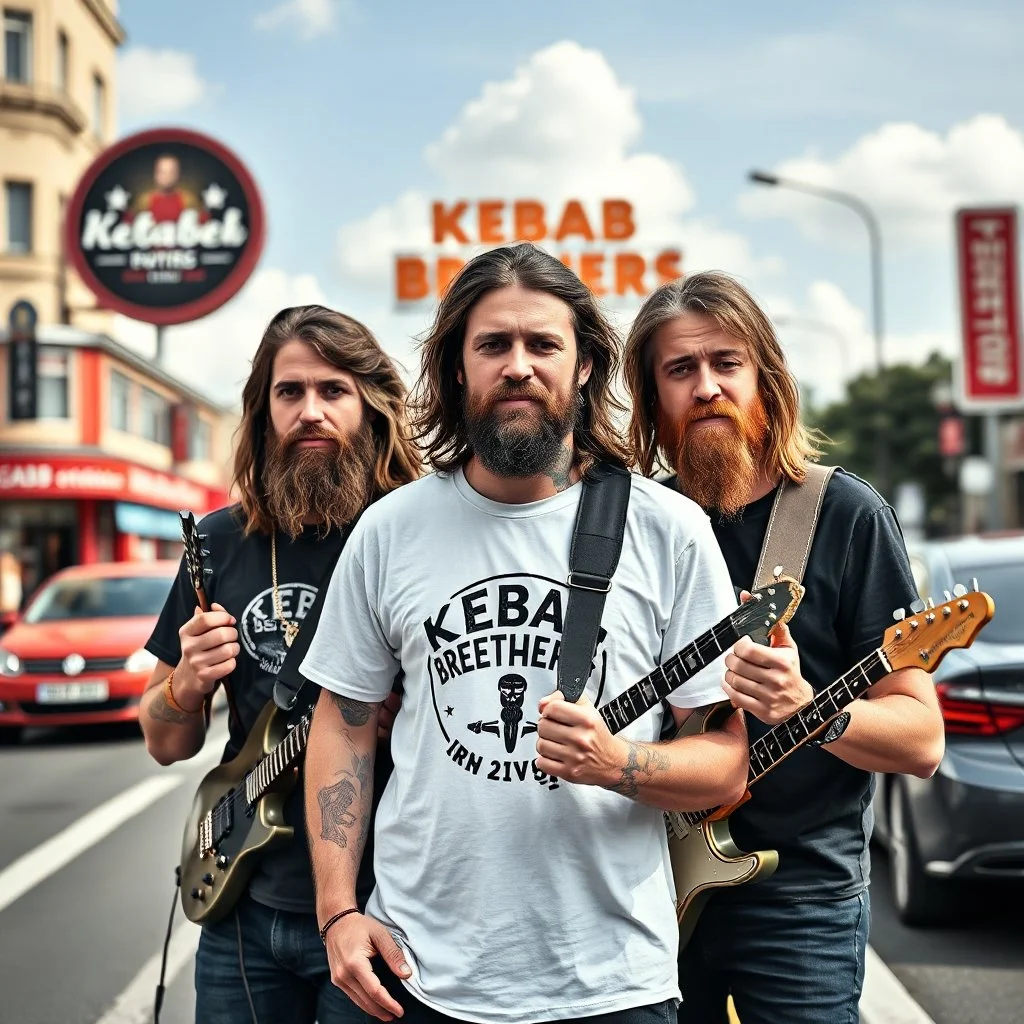 3 swedish Jesus like men in a rockband standing on a busy street wearing a t-shirt and instruments. a kebab brothers t shirt, with a kebab brothers logo, KEBAB BROTHERS tattoo in forehead, KEBAB BROTHERS Sign in background, Kebab brothers store, Kebab Brothers sign on cars, Kebab Brothers cloud in the sky