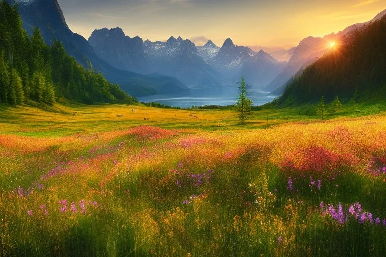 beautiful nature, mountains, fjord, flower meadow, forest, sunset, detail, realism