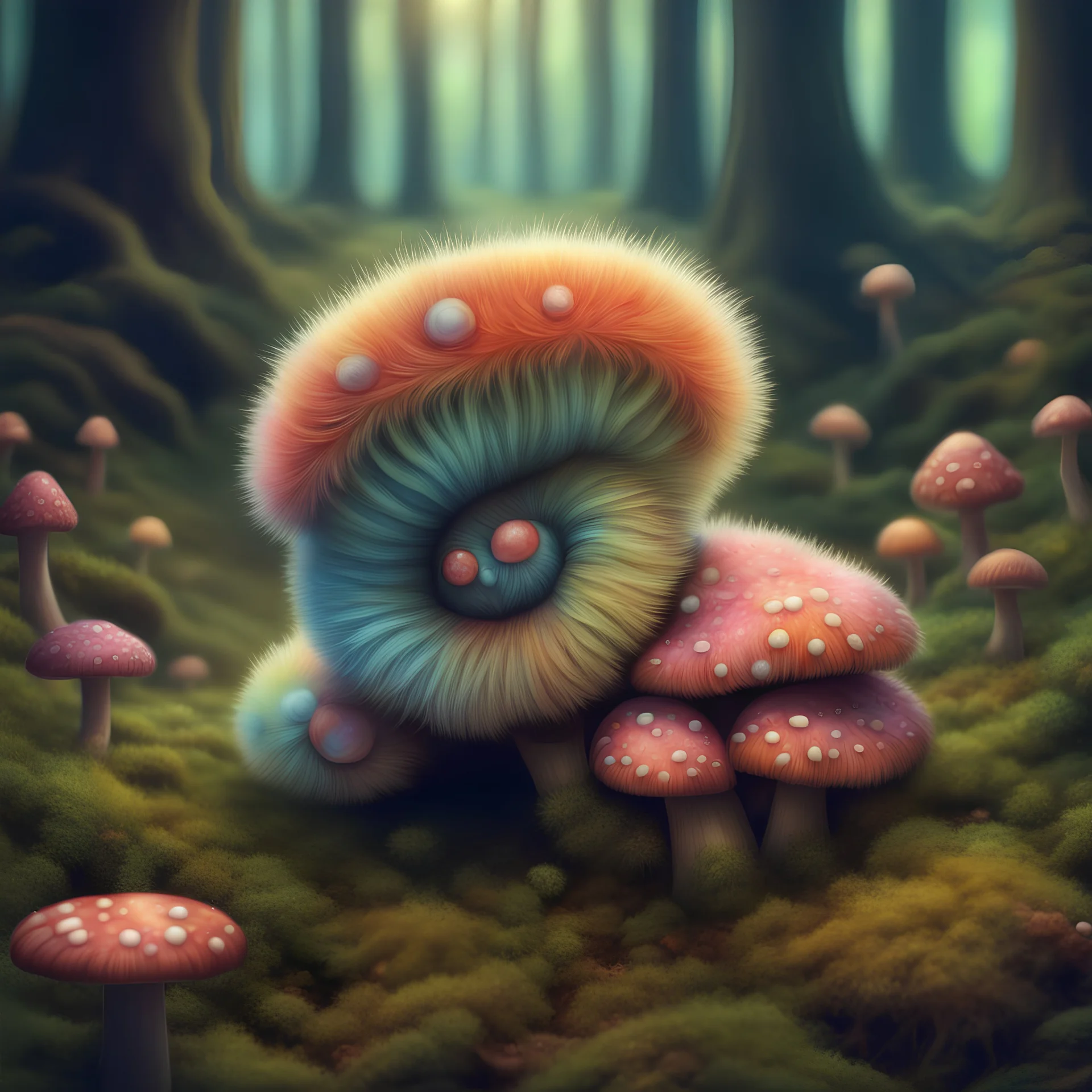 Fuzzy cute psychedelic caterpillar sitting on a forest floor mushroom, hyper realistic. psychedelic, baroque, photorealistic