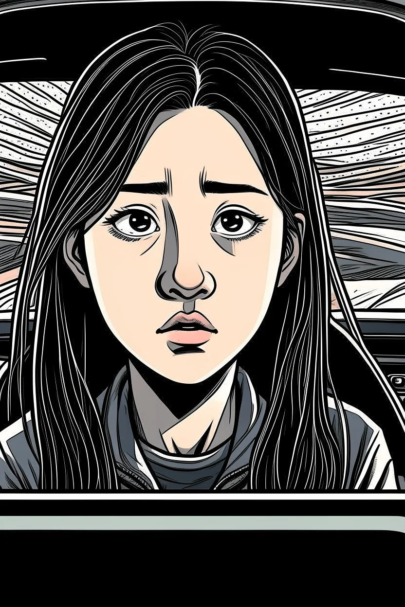 A Chinese person, girl, 18 years old, delicate features, pretty, serious expression, ((((( sitting in a car )))), background car, front view, close focus, horror scene, eerie, dim, 8K, graphic novel sketch, graphic novel style, 2D effect, flat colors, gloomy drawing style