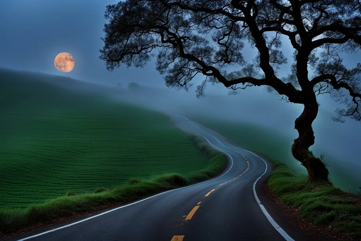 moon emerges from the fog, the road twists and turns in the hills , detailed, crepy stunning landscape