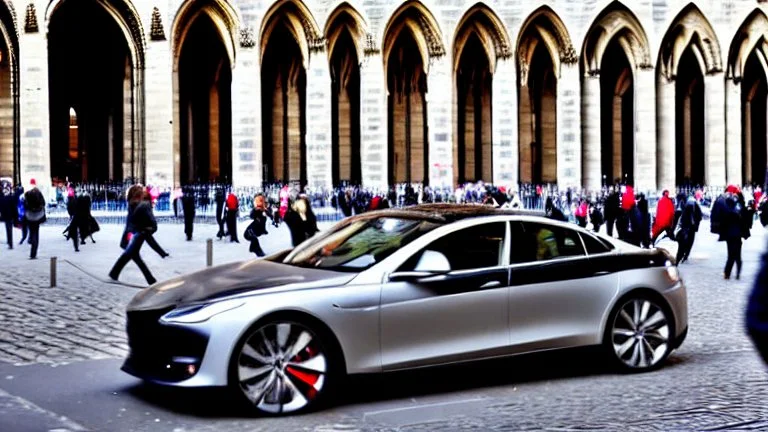 A Tesla's 'Model S Plaid' is racing at top speed, by the Notre-Dame Cathedral, in Paris. CINEMATIC. WIDE ANGLE LENS. PHOTO REAL.