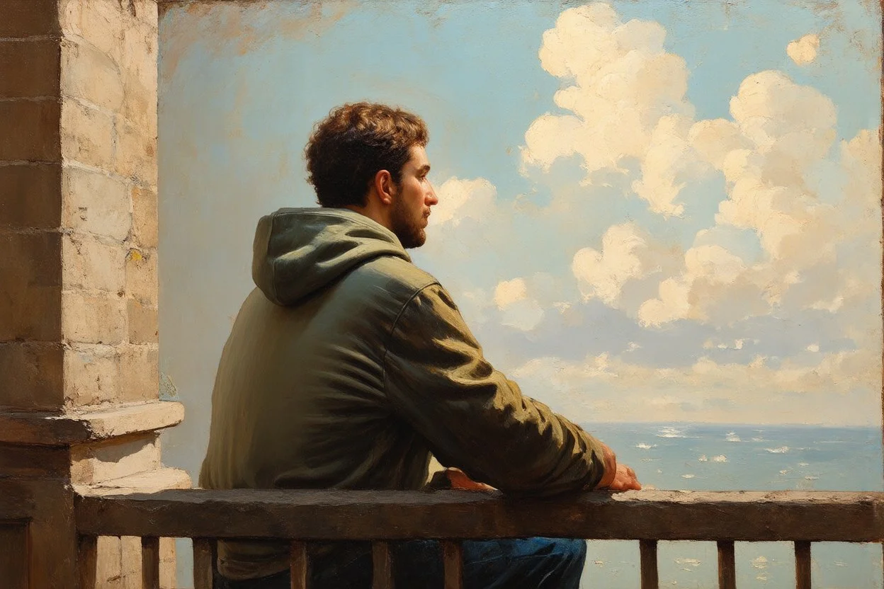 man in a hoodie is watching from the balcony painted by andrea del sarto