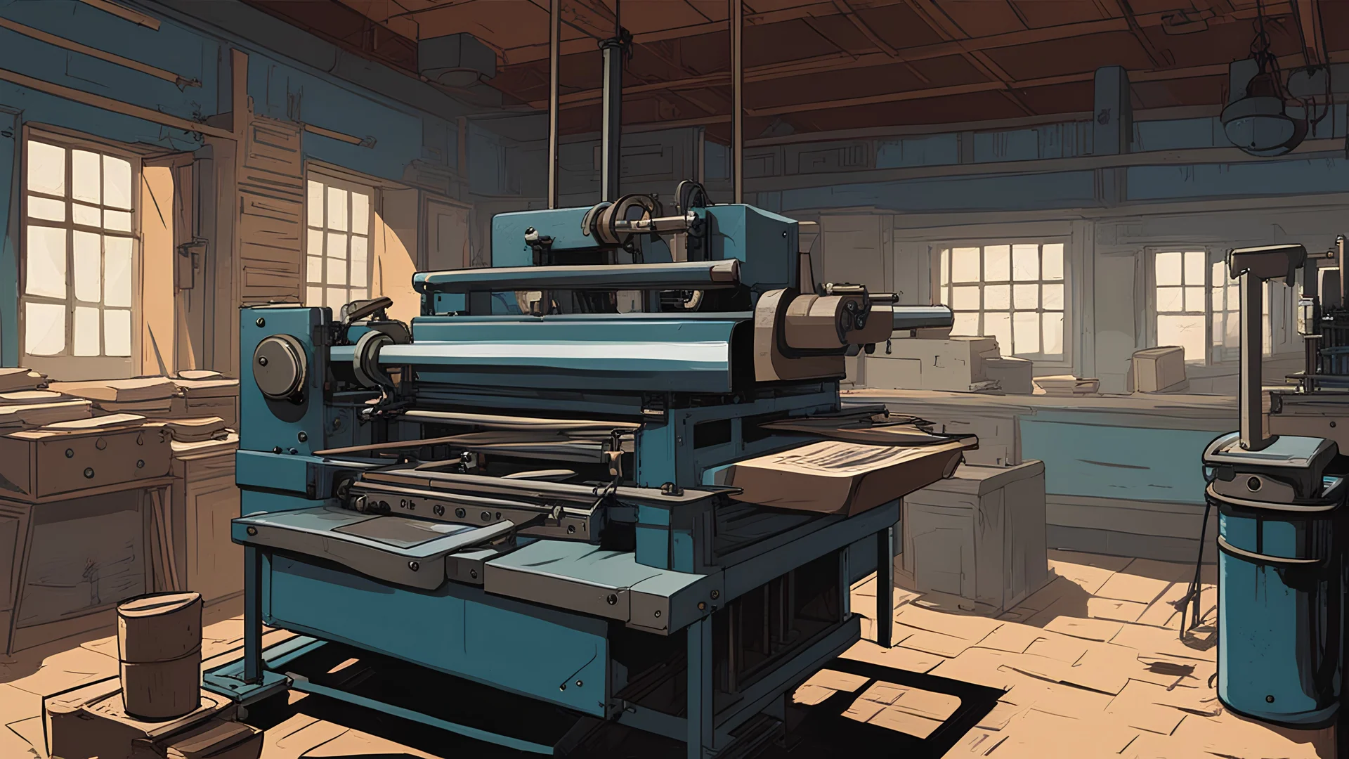 Inside old Printing, Daily printing machine, Inside the old printing house, Egypt, 1900AD, 3 View, Egypt city, Vector, Flat Color, Digital Painting, Vector, Real, Illustration, Animation, Story board