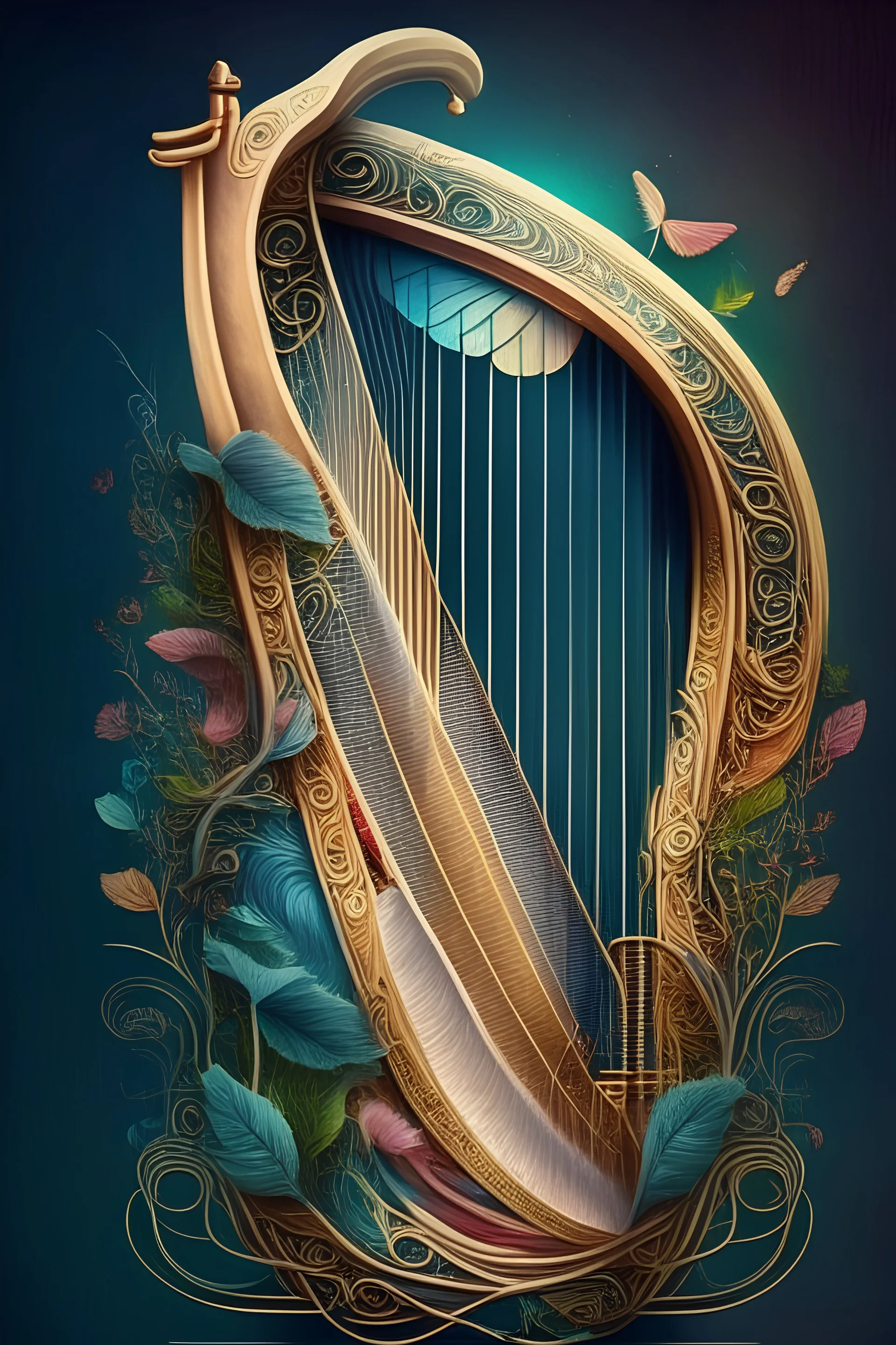 a beautiful harp surrounded by music and happiness