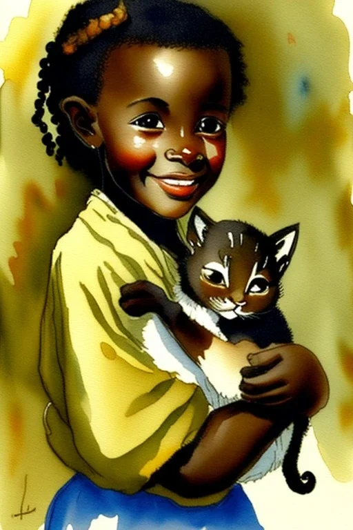 A cute smiling light brown skin african girl is holding a kitten. Watercolour