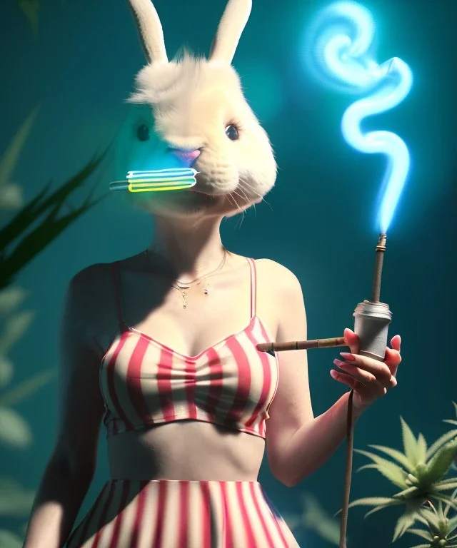 Ultra realistic photographic party portrait, sound club, wide-angle lens, couple, cinematic, happy blonde woman smoking a shisha pipe, accompanied by big white rabbit friend, hot, circus dress style, marihuana plants, color smoke, soft color, highly detailed, unreal engine 5, ray tracing, RTX, lumen lighting, ultra detail, volumetric lighting, high definition.