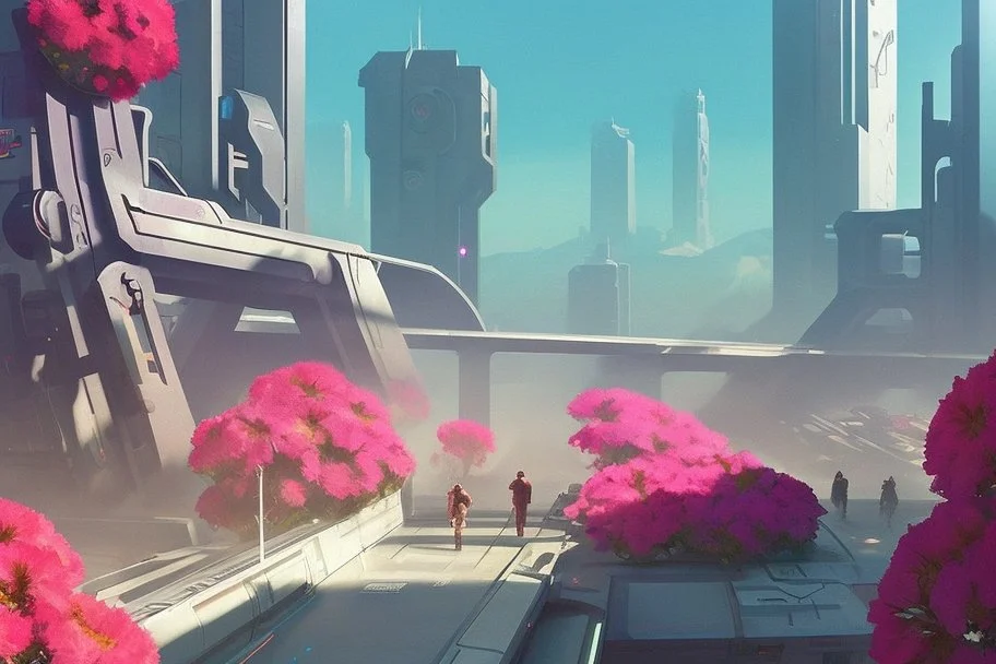 sunny day, flowers, epic, sci-fi, modern contemporary city