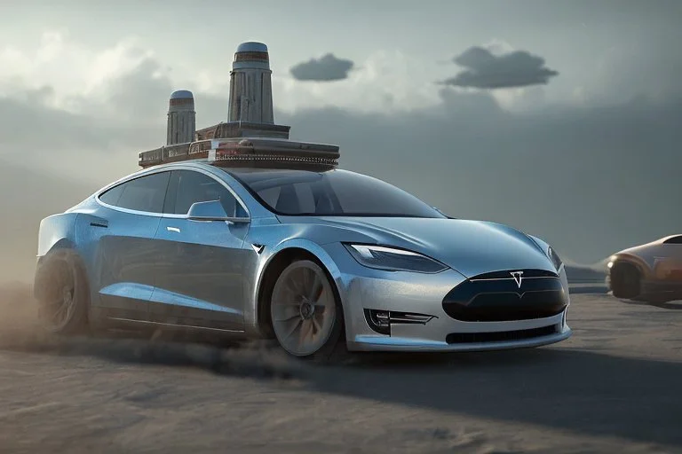 A Tesla 'Model S' is drifting at top speed, in the 'Cloud City' of Bespin. CINEMATIC. WIDE ANGLE LENS. PHOTO REAL.