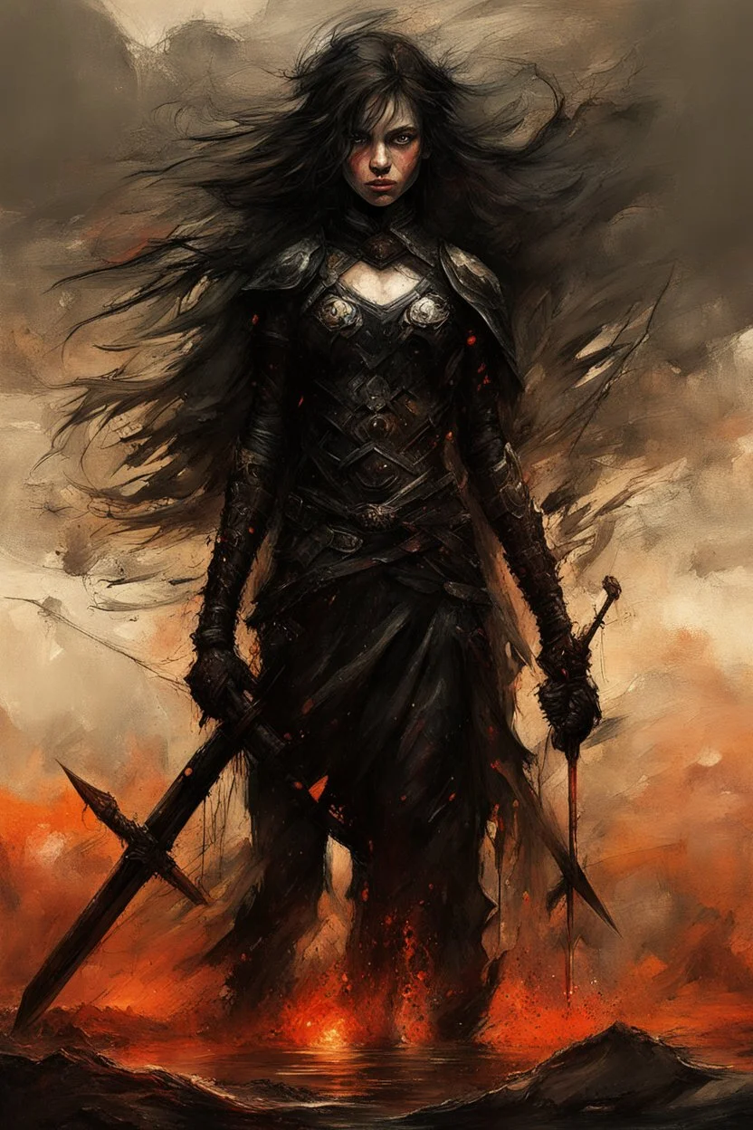 A formidable warrior girl in black armor, against monster, against the background of an amazing gloomy landscape flooded with sunset, mountains, trees, a fabulous scary hero, juicy emotions, painting, gloomy fantasy, gloomy day, dark world, portrait, oil and graphite, wide strokes, a weaving frame around, by Ryohei Hase, Agnes Cecile, Raymond Swanland, Anne Bachelier