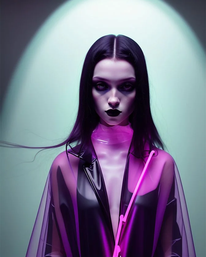 painting by koson ohara and marta bevacqua, portrait of a beautiful goth woman with long black hair, wearing a plastic raincoat, purple neon lighting, 8k, high quality, highly detailed