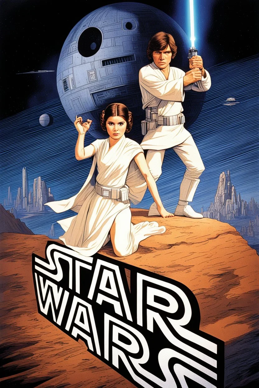 movie poster for Star Wars episode 4 featuring luke and leia on top of a stone shaped as "STAR WARS" death star in background,