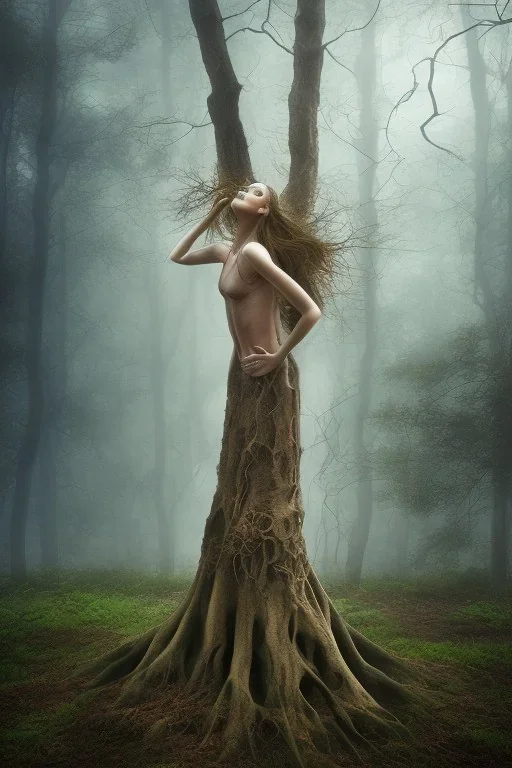 Oak tree roots holding woman inside, misty sunny day