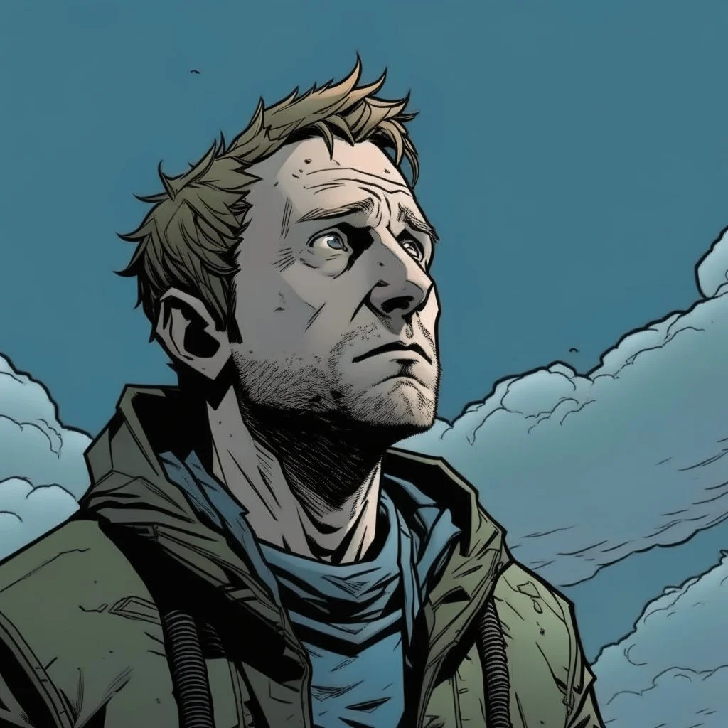 man, ethan hawk, looking at the sky, looking serious, comic book, post-apocalypse, grey background, illustration,