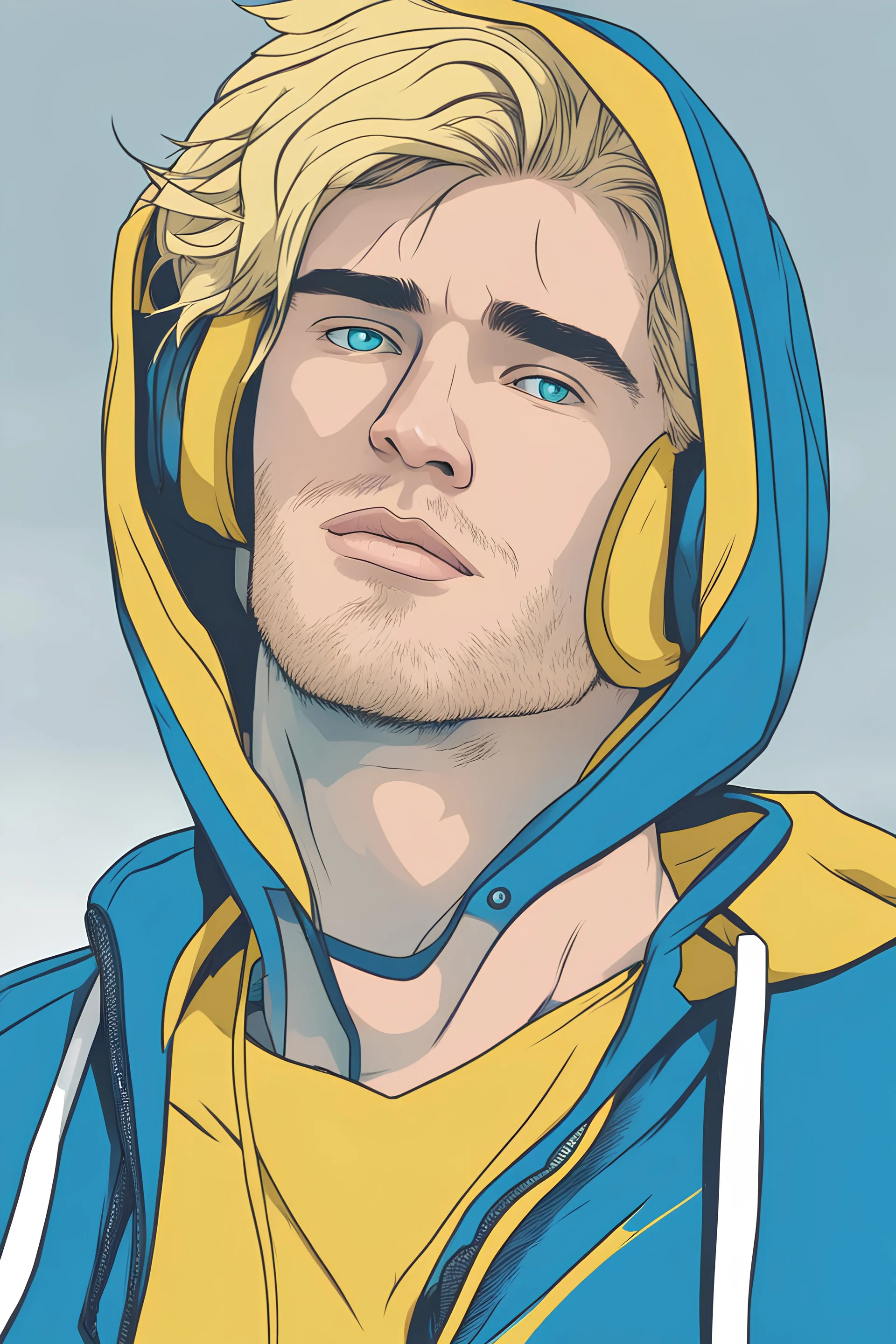 Blonde haired man, yellow hoodie, vibrant blue eyes, animated style