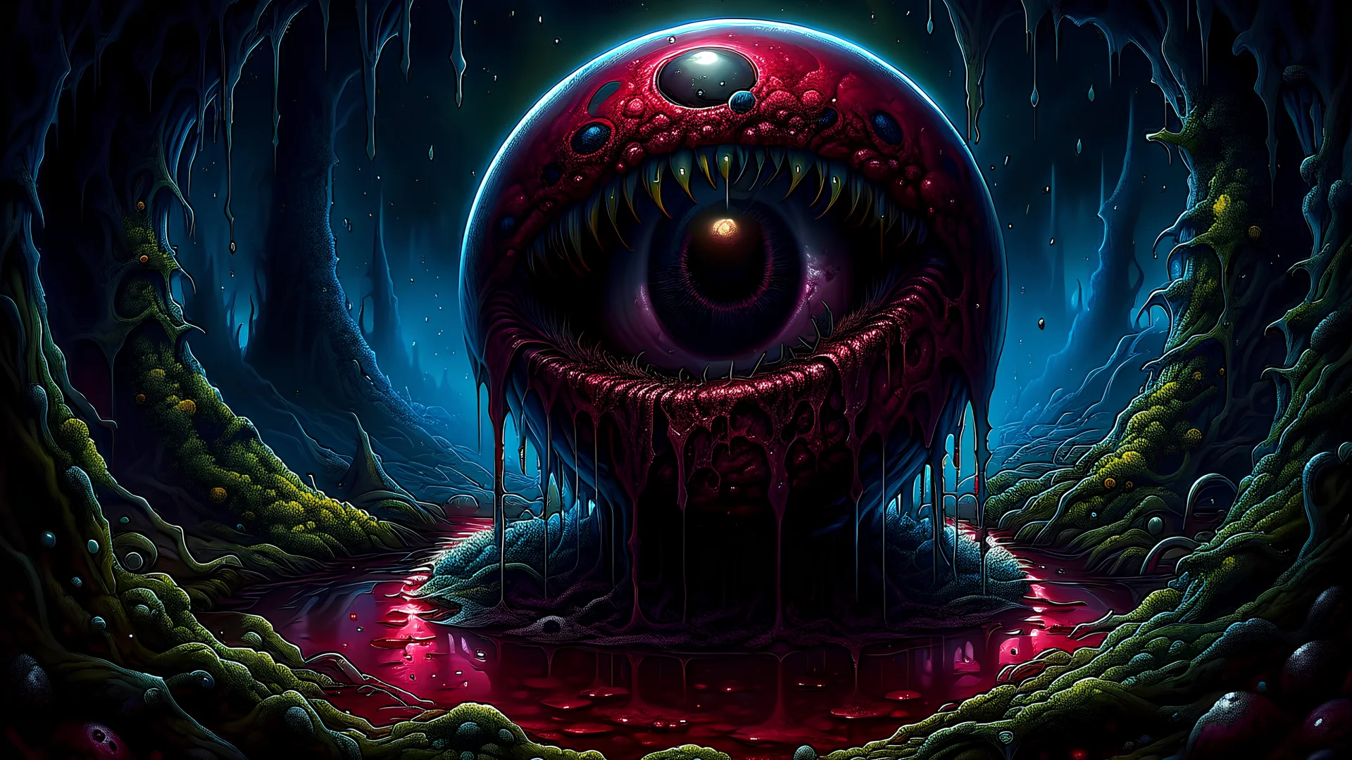 An evil, Demonoid eyeball made entirely of crimson blood, on top of a long, muscular, veiny stalk, rising up from a puddle of viscous blood seeping from the ground in a dripping, nightmarish clearing at night. Dariusz Zawadzki, horror Gustave Doré Greg Rutkowski, Pulsating Veins, Hyperrealistic, splash art, concept art, full shot, intricately detailed, color depth, dramatic, wide angle, side light, colorful background