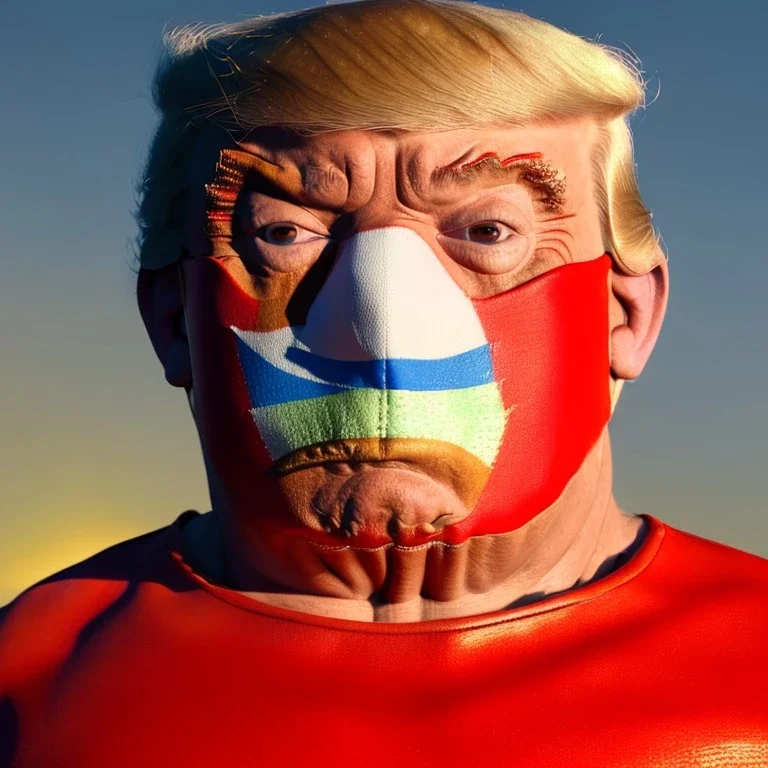 Realistic image of Donald trump wrestler, Mexican wrestling style, Mexican wrestling mask for eyes, red and blue breeches, glow us flag dress, suspenders, retro style, 80s, vibrant color, highly detailed, sky background, concept art, unreal engine 5, god rays, ray tracing, RTX, lumen lighting, ultra detail, volumetric lighting, 3d, finely drawn, high definition, high resolution.