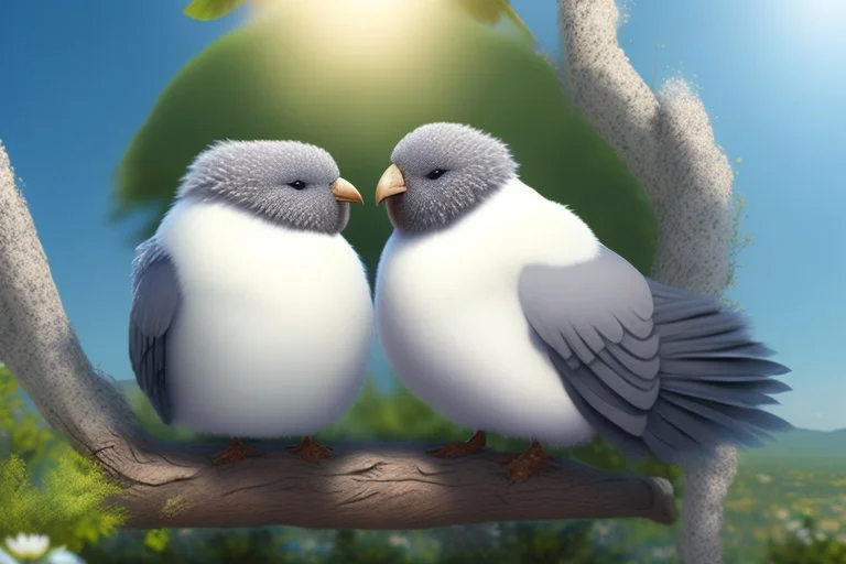 Very fluffy bird couple love, flora, in sparkling sunshine Weight:1 detailed matte painting Weight:0.9