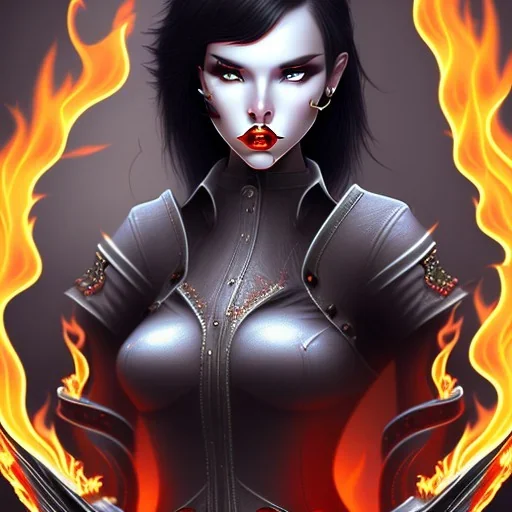 black hair lady hunter top with flames