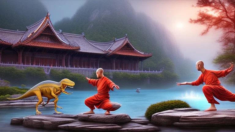 shaolin master vs yoga dino, water, temple background, mist