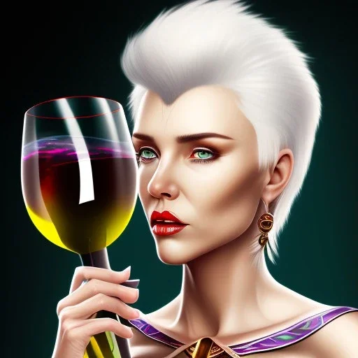 elder xena, white hair drinking a glass of wine