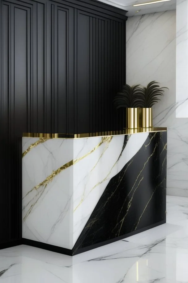 Black clear reception desk with white marble wall veined with gold