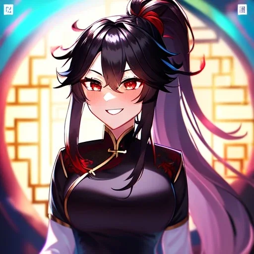 Clear focus, 8k, high quality, detailed, beautiful lighting, girl, vibrant colors, white long hair, vibrant red eyes, messy hair, ponytail, chinese clothes, laughing, angry, black eyelashes,