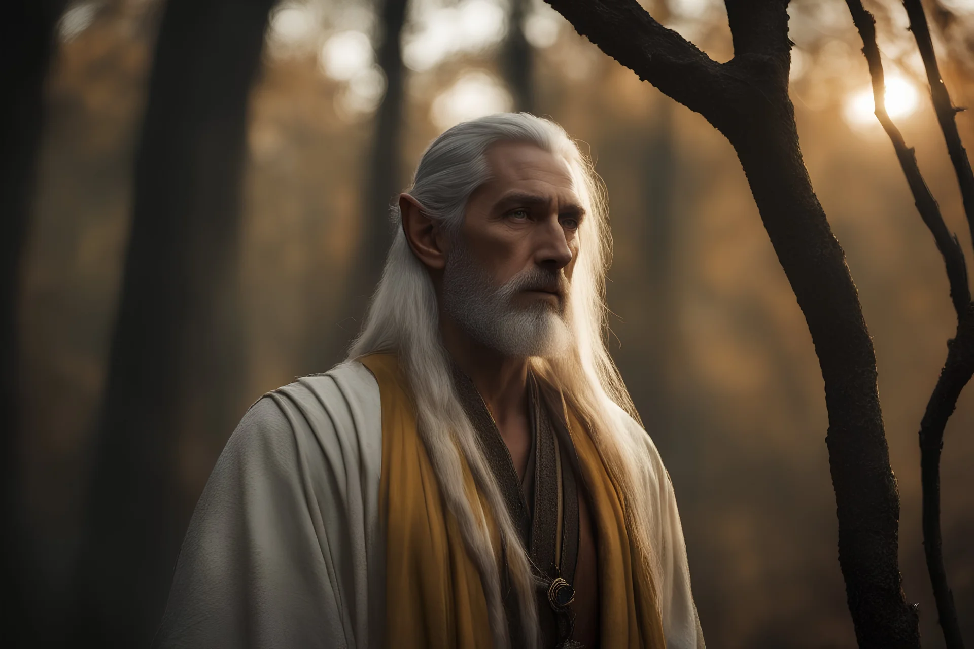 Photoreal en-profile beardless elf tall rugged and sturdy golden-eyed elf poet historian with golden eyes and long silver hair but beardless and golden eyes in colorful robes deep in Cormanthor forest in Faerun in the autumn mist at golden hour by lee jeffries, otherworldly creature, in the style of fantasy movies, shot on Hasselblad h6d-400c, zeiss prime lens, bokeh like f/0.8, tilt-shift lens, 8k, high detail, smooth render, unreal engine 5, cinema 4d, HDR, dust effect, vivid colors