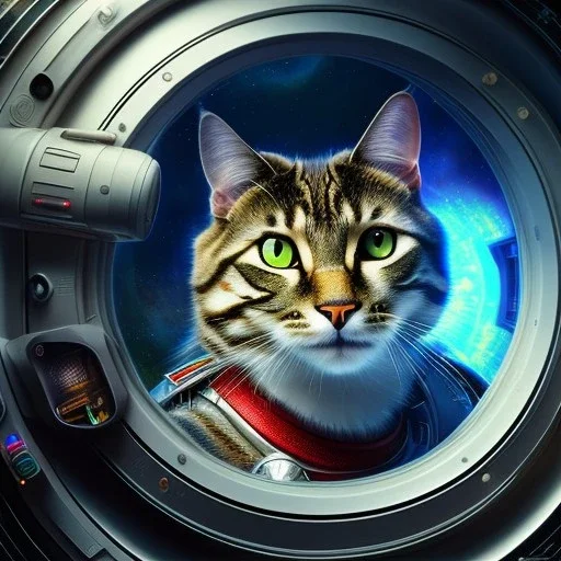 hyper-realistic spaceship interior with floating astronaut next to a cat, porthole in background, 8k resolution, high-quality, fine-detail, detailed matte, intricate, 3D octane render, illustration, digital art, brian froud, howard lyon, anna dittman, greg rutowski,