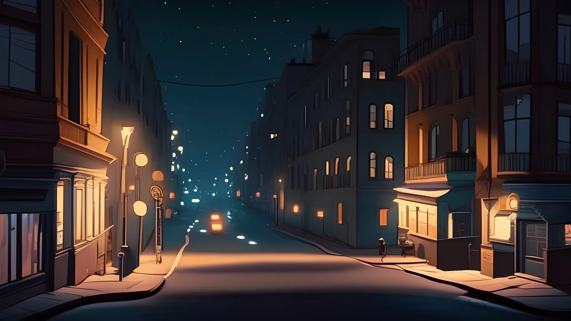 Creates an illustrated baby-style animated image of a city street at night