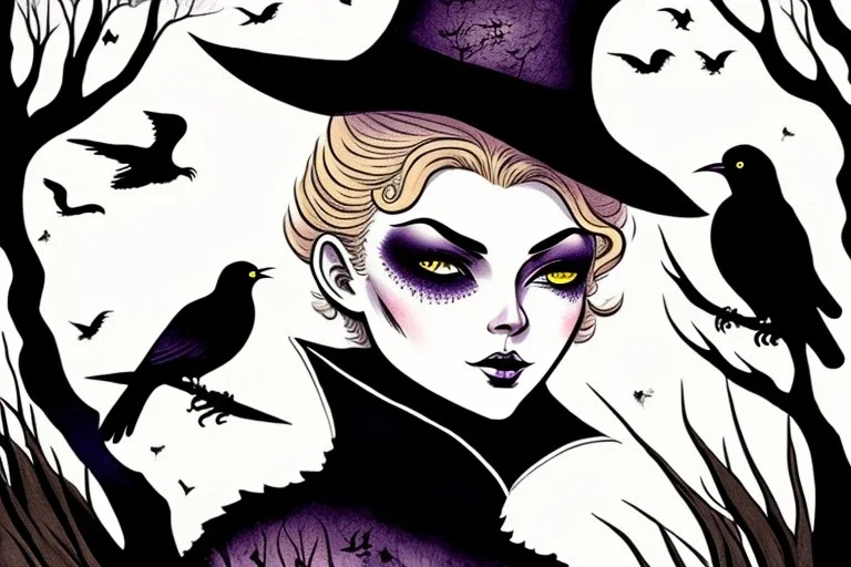 Witch, playing with crows, black cat, perfect iris, ink and pencil, style Tintin