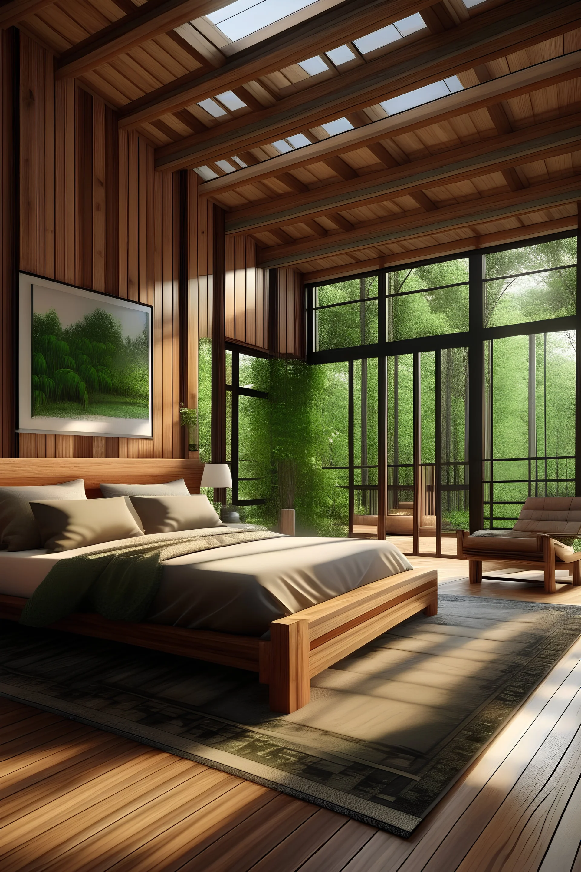 Generate a big master bedroom Made out of wood, vegetation, big windows and space.