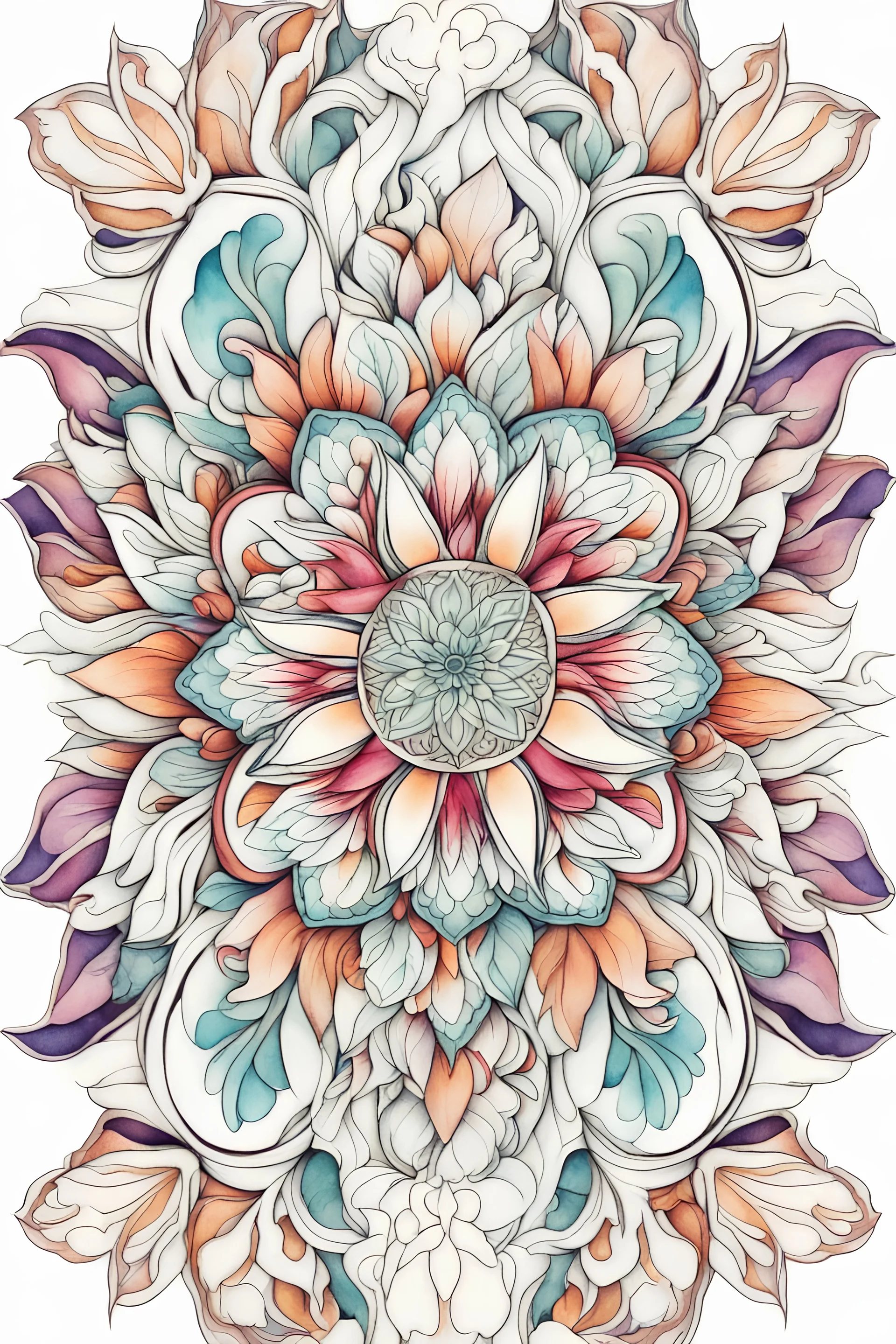 flower mandala style, clean line art, only use outline, white background, no shadows and clear and well outlined, brilliant bright water colour design