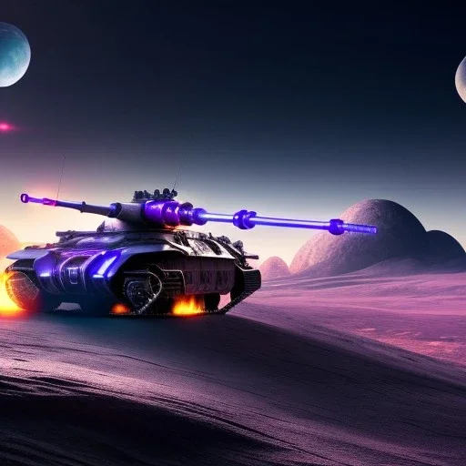 Futuristic armored tank rolling over a crater, purple sky, 4k, higky detailed, minutiae, trail with boulders