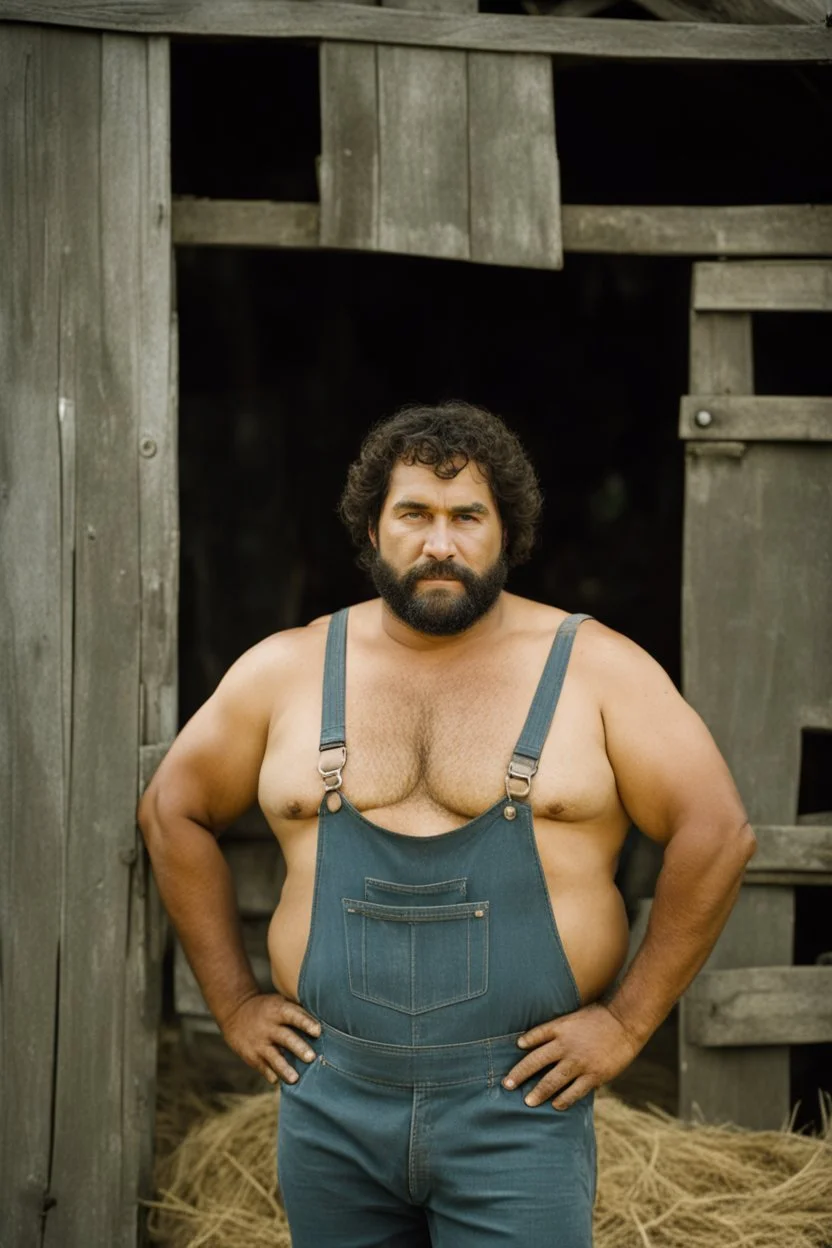 1970's half figure photography of a burly overweight muscular brazilian farmer 39 years old, sweat, short curly hair, short beard, manly chest, tattoo, hand on the fap, shirtless with dirty overalls, on the door of a large barn, under the sun