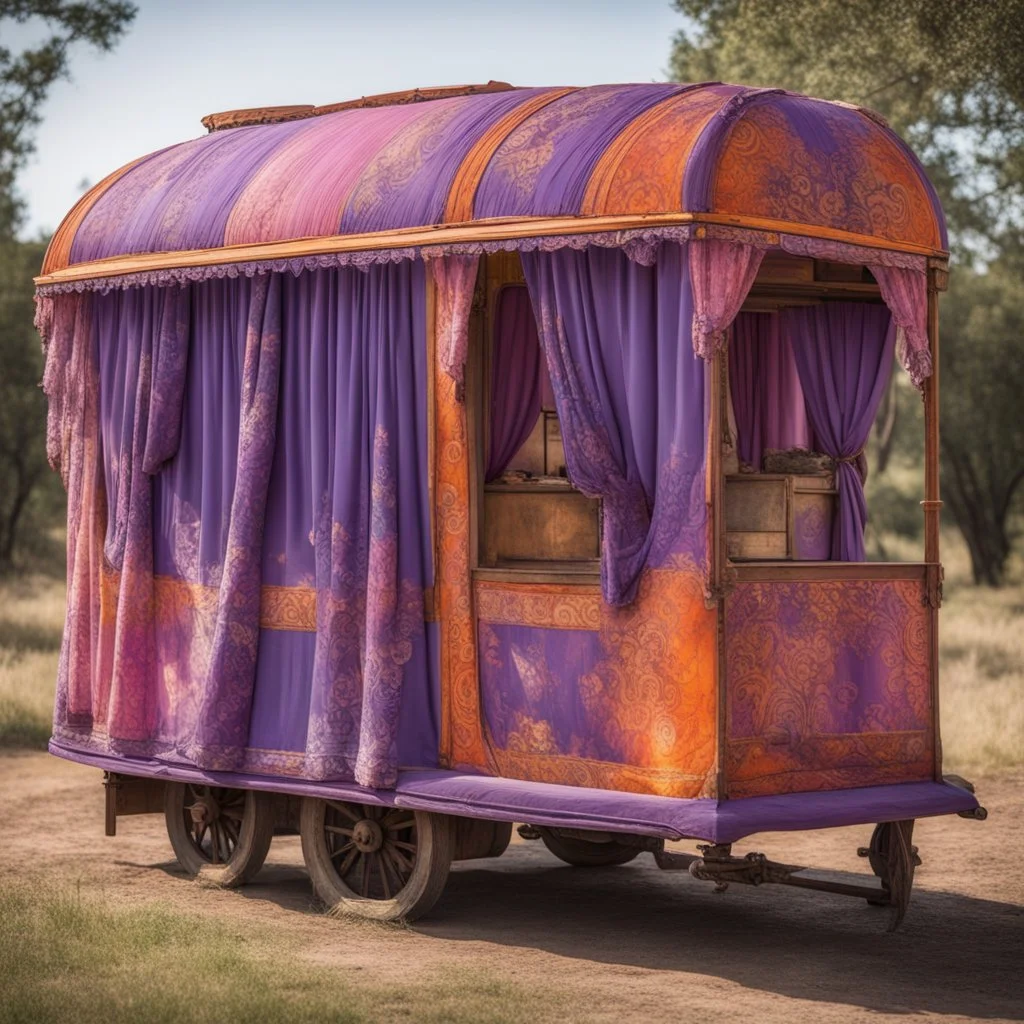 Old fashioned purple, orange and pink gypsy wagon decorated, curtains fluttering in the wind