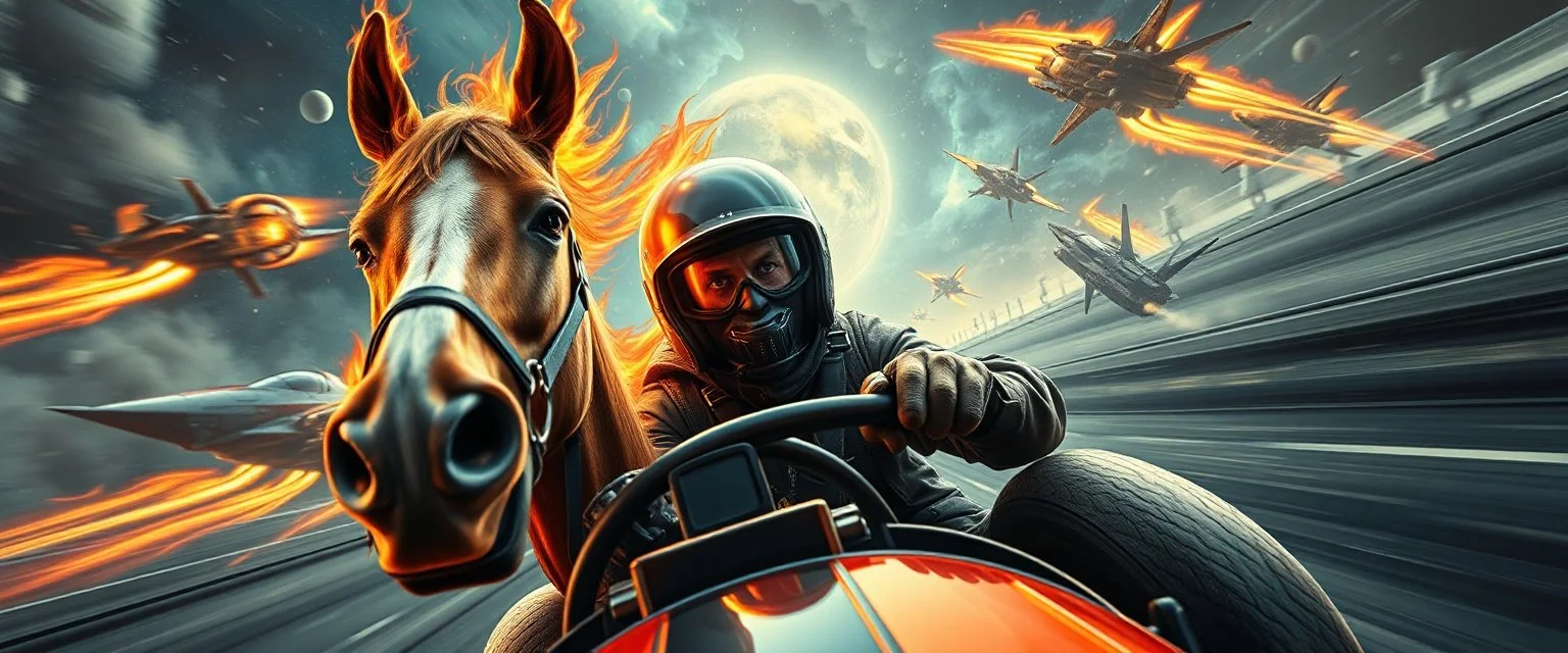 clumsy horse with helmet and with ears on fire, b movie poster, etheral astral weird perspective worried yoga vin diesel legend race car racing with huge g force against spaceships going sideways in ramp driver close up portrait of dj magic kobold gremlin farmer pilot looking down on cam, with background in the style of escher and giger, a chill contrapunctus fugue in the style of fsol, beethoven,