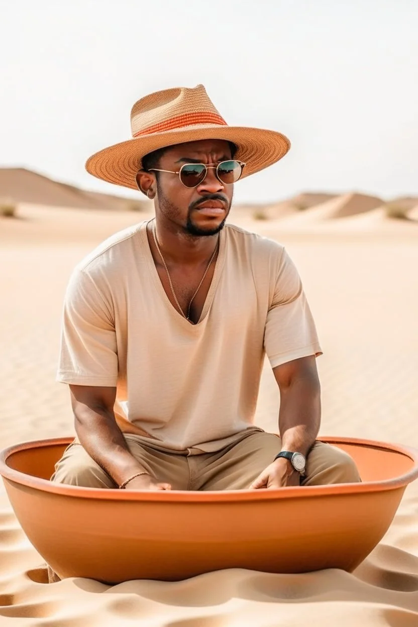 African man wearing hat and sunglasses, rowing small boat in desert sand