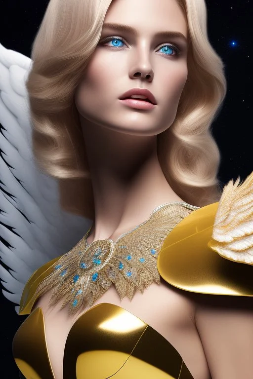 Flower, angel man, (detailed face )++, (detailed blue eyes)++ (long blond hair)++(pectoro visible)++(smile)++, , (two feathered wings on his shoulder blades)++, beautiful place, incredible, cosmic, colours, planet, gold, realistic, real photo, stars at night, detailed, high contrast, 8k high definition, unreal engine 5, extremely sharp details, (lighting effect, light background)++.